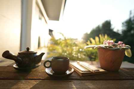 Cozy afternoon tea in the gardenの写真素材