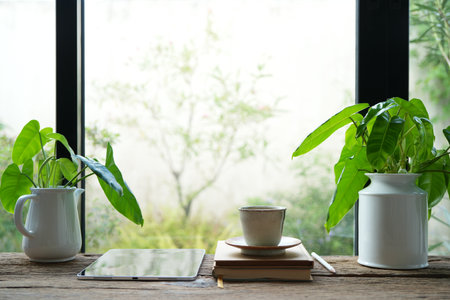 Earthenware teapot and tablet with plant pot by the windowの写真素材