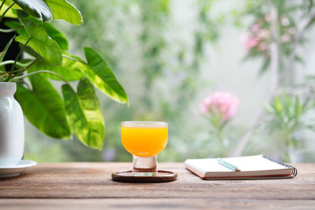 Orange juice and notebook with potted philodendron plant