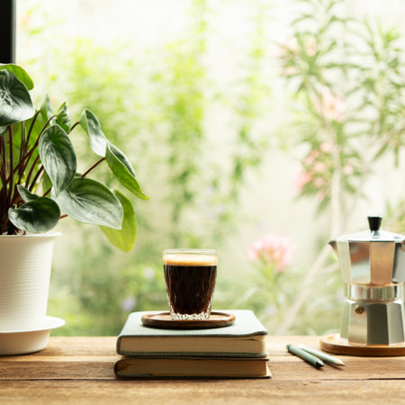 Coffee and silver moka pot and Watermelon Peperomia plant rustic wooden table by the windowの写真素材