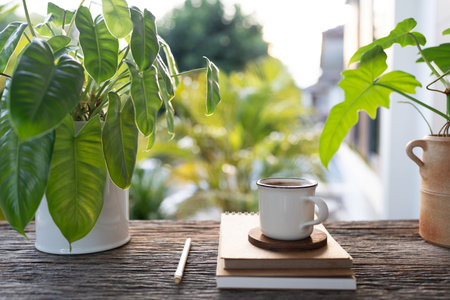white coffee cup and stack of notebook and potted plant with balcony outdoor relaxing evening viewの写真素材