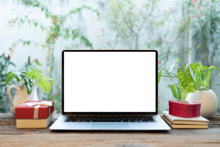 Laptop and gift box and potted plant on wood deskの写真素材