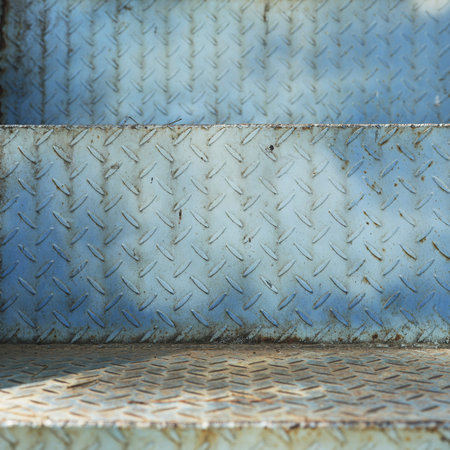 Aged blue industrial metal wall with embossed oval patterns, weathered rust grunge wall