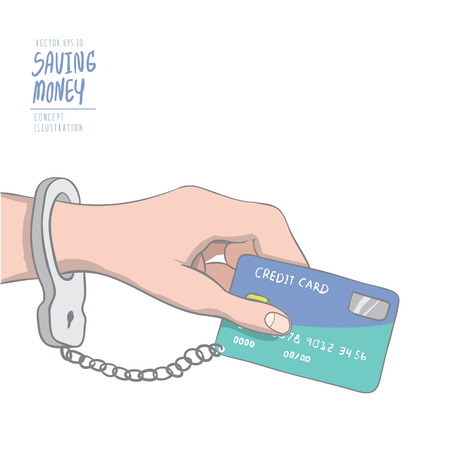 Illustration vector a hand handcuffed tethered to a credit card. Drawing paint flat style.のイラスト素材