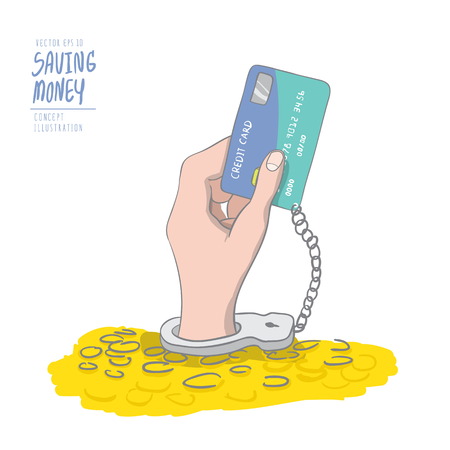 Illustration vector a hand handcuffed tethered to a credit card out of pile coins. Drawing paint flat vector.のイラスト素材