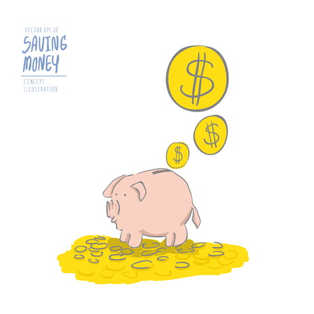 Illustration vector pink piggy bank on a pile of coins and the coins falling on it. Drawing paint flat style.のイラスト素材