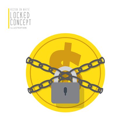 Illustration vector coin money are bound with chains and locked with a padlock flat style.のイラスト素材
