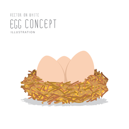 Illustration vector eggs in a nest made of straw flat style.のイラスト素材