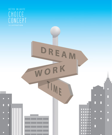 Illustration vector guidepost in the big city with buildings metaphor of decision. make something about dream and work.のイラスト素材