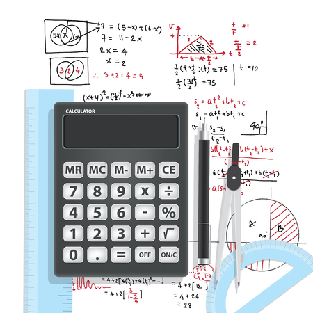 Illustration Computational Mathematics With Calculators And Accessories for mathematics on mathematical formula background.のイラスト素材