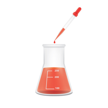 Illustration Chemical conical flask with dropper on white background. Education and Science and medical Concept.のイラスト素材