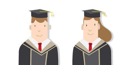 Illustration vector Half-length cartoon character, male and female students in academic gown. Education Graduation Character Concept.のイラスト素材