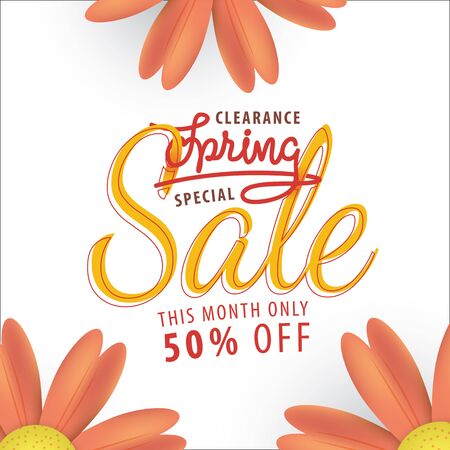Spring Sale orange flower 50 percent off heading design for banner or poster. Sale and Discounts Concept. Vector illustration.のイラスト素材