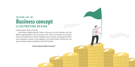 Businessman holding flag on the money stacks showing finance successful on white background illustration vector.のイラスト素材