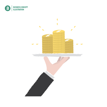 Hand holding money stacks on a platter meaning profit, invesment or growth on white background illustration vector.のイラスト素材