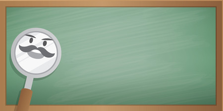 Magnifying glass character cartoon design and green board frame background for message illustration vector. Education concept.のイラスト素材