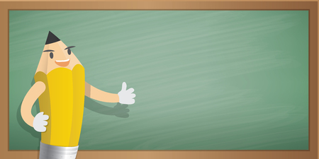 Pencil character cartoon design and green board frame background for message illustration vector. Education concept.のイラスト素材