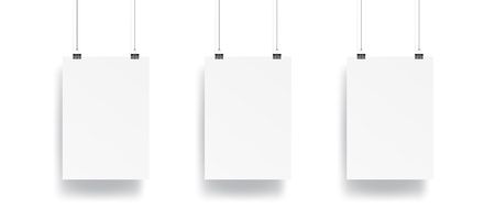 Blank Three hanging poster with clip and wire mock up vector on white background.のイラスト素材