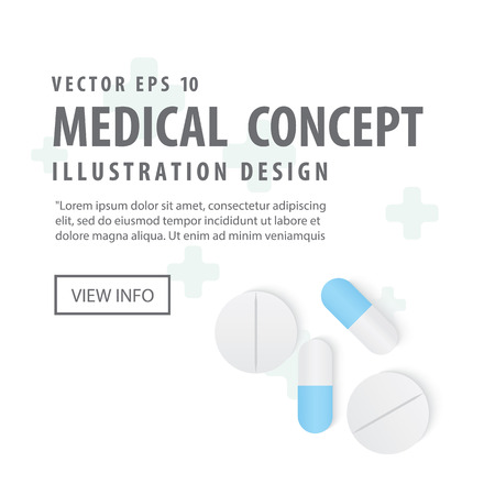Banner capsules medicine and pills top view illustration vector on white background.のイラスト素材