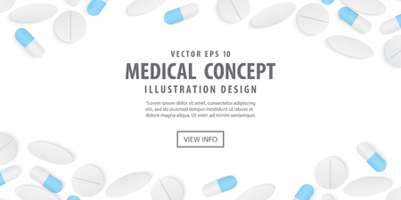 Banner frame capsules medicine and pills top view illustration vector on white background.のイラスト素材