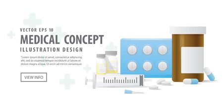 Banner capsule bottle and Pills medicine panel and Injection needle illustration vector on white background. Medical concept.のイラスト素材