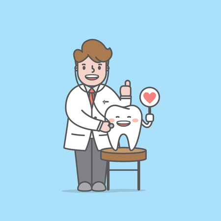 Doctor & Tooth character tooth dental checkup illustration vector on blue background. Dental concept.のイラスト素材