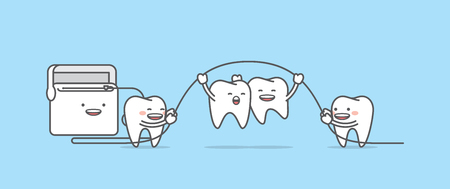 Tooth character jumping up with floss illustration vector on blue background. Dental concept.のイラスト素材