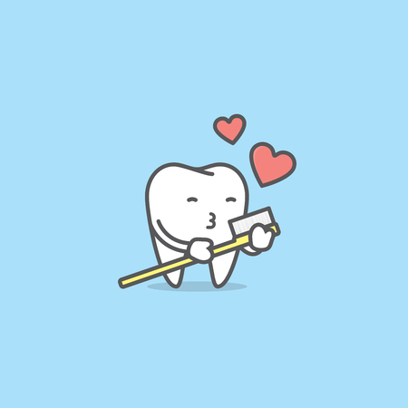 Tooth character love with toothbrush illustration vector on blue background.のイラスト素材