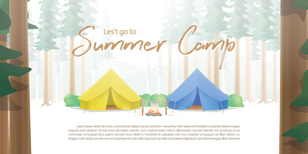 Summer Camp Poster or banner that the yellow & blue camp is middle in the forest with trees on foregroundのイラスト素材
