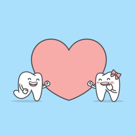 Tooth boy ran into tooth girl in front of a big heart illustration character vector design on blue background. Dental concept.のイラスト素材