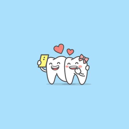 Tooth boy take a photo with tooth girl together by cell phone with love illustration character vector design on blue background. Dental concept.のイラスト素材