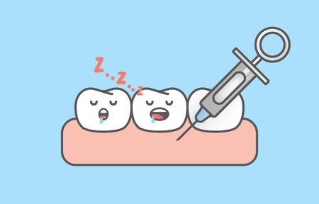 Dental anesthesia,teeth cartoon sleeping when a syringe injecting to gums illustration cartoon character vector design on blue background.  Dental care concept.のイラスト素材
