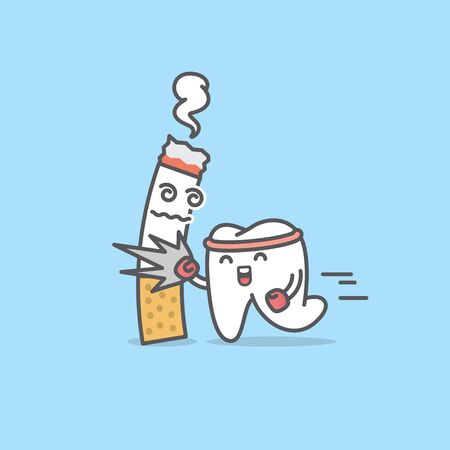 Dental cartoon of a tooth hit a cigarettea illustration cartoon character vector design on blue background.  Dental care concept.のイラスト素材