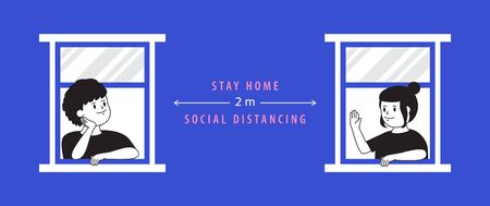 The man and woman stay home at the windows and keep 2 meter distancing to avoid covid-19 crisis on blue background illustration vector, stay home conceptのイラスト素材