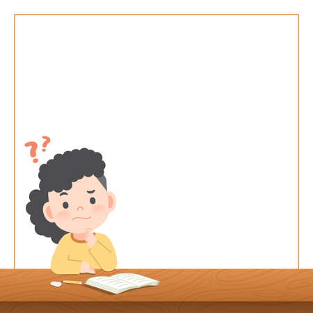 blank banner text box frame and a asian girl study at the desk with a question , illustration vector. Education Concept.のイラスト素材