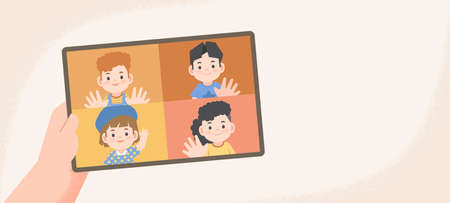 a hand holding tablet children video call social online group to connect together with friends from distancing place illustration vector and wording space banner.のイラスト素材