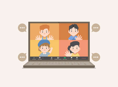a laptop desktop children video call social online group to connect together with friends from distancing place illustration vector.のイラスト素材