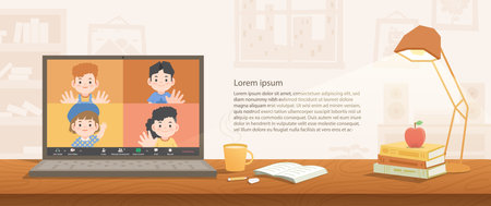 a laptop desktop children video call social online group to connect together with friends from distancing place stay on the desk at home banner illustration vector.のイラスト素材