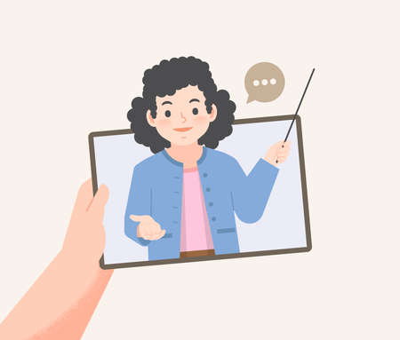 a hand holding tablet see teacher teaching video call online to learning from distancing place, illustration vector. Education Concept.のイラスト素材