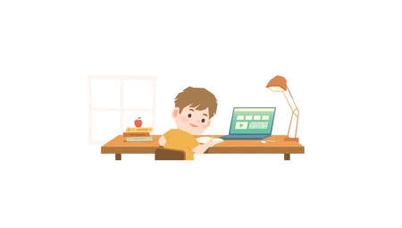 The boy stay home and studying at home, writing and learning online internet network with laptop computer, sitting at a desk and a book pile illustration vector on white background. Education concept.のイラスト素材