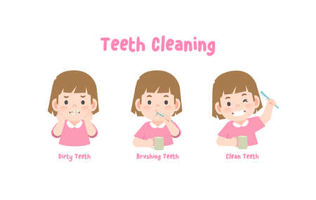 3 steps a girl cleaning his teeth with toothbrush by brushing teeth. illustration vector on white background.のイラスト素材