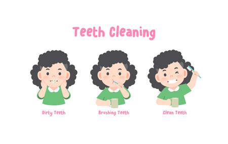 3 steps a asian girl cleaning his teeth with toothbrush by brushing teeth. illustration vector on white background.のイラスト素材