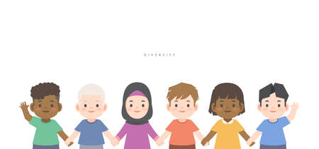 A group of diversity kids (White, Black, African, Asian, Arabic, Albino) cute character cartoon holding hand together illustration vector on white background and space for texting. Ethnic diversityのイラスト素材