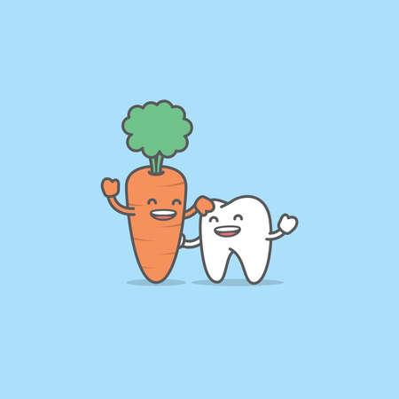 A tooth cartoon character be friendly with carrot, Meaning is the tooth be healthy by eating vegetables, illustration vector, Dental care concept.のイラスト素材