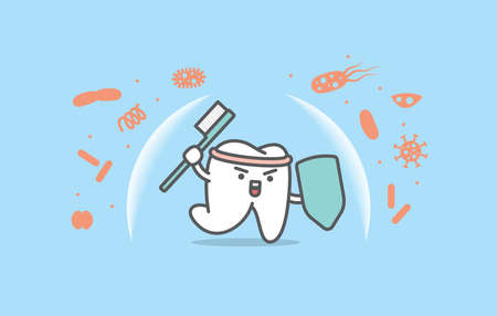 Dental cartoon of a white tooth protecting bacteria with toothbrush illustration cartoon character...