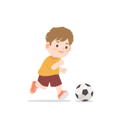 A boy running and smiling be happy playing football on white background, illustration vector. Kids conceptのイラスト素材