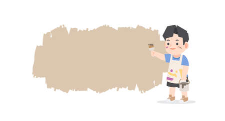 Creativity a little asian boy be happy with painting standing front of text box blank banner frame on white background, illustration vector. Kids conceptのイラスト素材