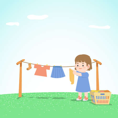 A girl lighten the load her parents housework by doing dry the clothes outdoor by herself. illustration vector. Kids Concept.のイラスト素材