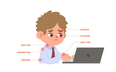 Symptoms of headache, eyestrain, neck pain, shoulder pain, backache, wrist pain which is a symptom of office syndrome of a man who is an office worker. cartoon illustration vector on white background.のイラスト素材