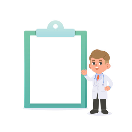 A man doctor character with blank clipboard text box speech illustration vector cartoon design on white background. Medical concept.のイラスト素材